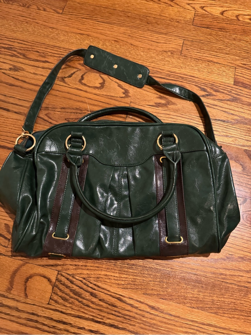 Dark Green Satchel Handbag with Brown Accents